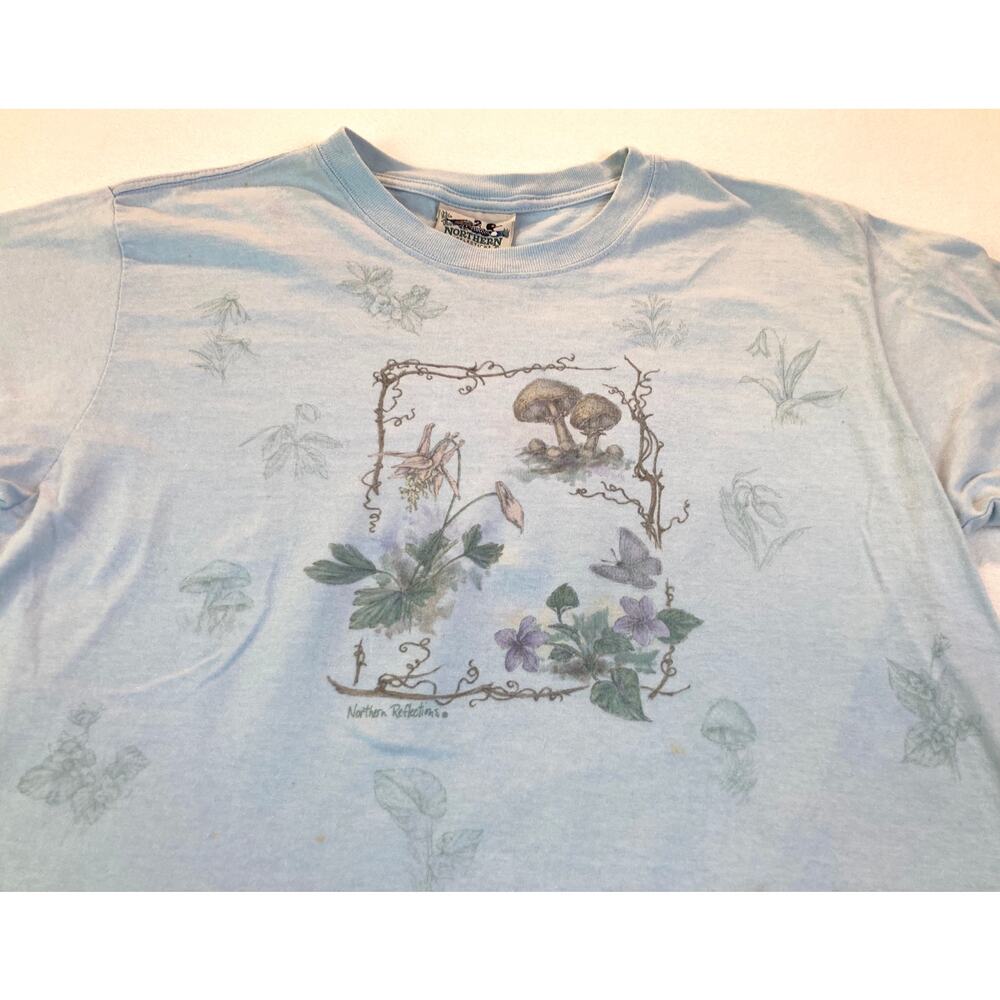 Northern Reflections Vintage T-Shirt Blue Mushrooms Floral Medium As Is